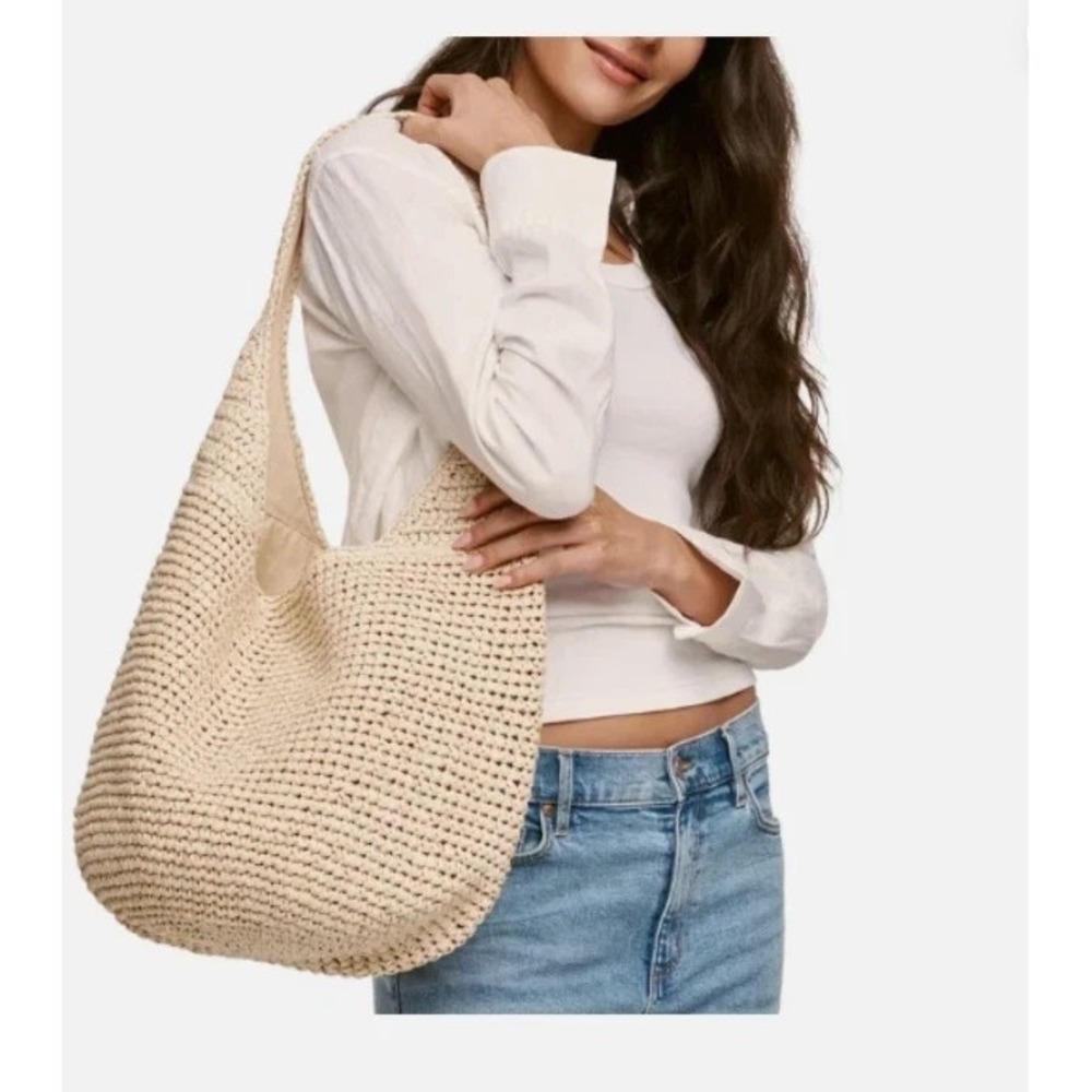 Banana Republic Handwoven Raffia Lined Tote Bag Tan Natural Pockets Clasp Close